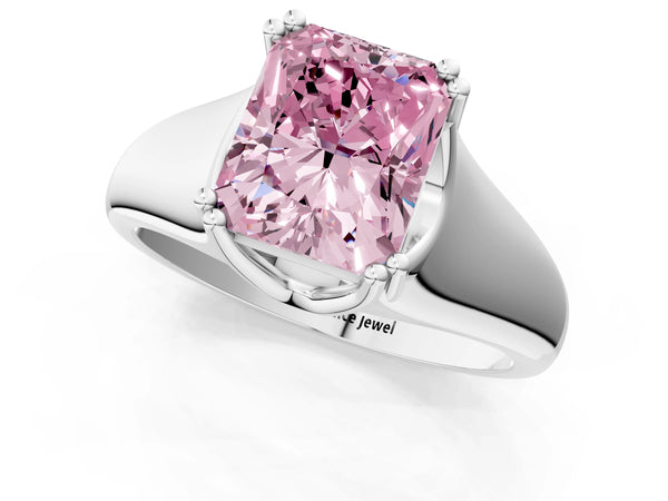 Platinum Fancy Pink Radiant Cut Diamond Solitaire Ring with Wide Band and Prong Setting