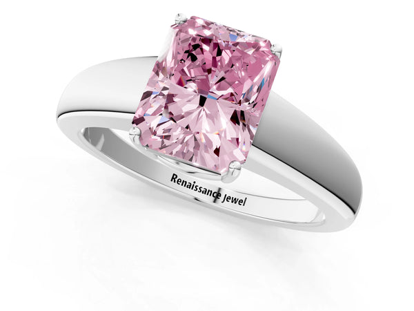 White gold Fancy Pink Radiant  Solitaire Diamond Ring with Tapered Band and Four-Prong Setting