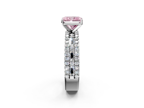 Platinum Fancy Pink Radiant Cut Diamond Solitaire Ring with Pavé and Channel Set Band