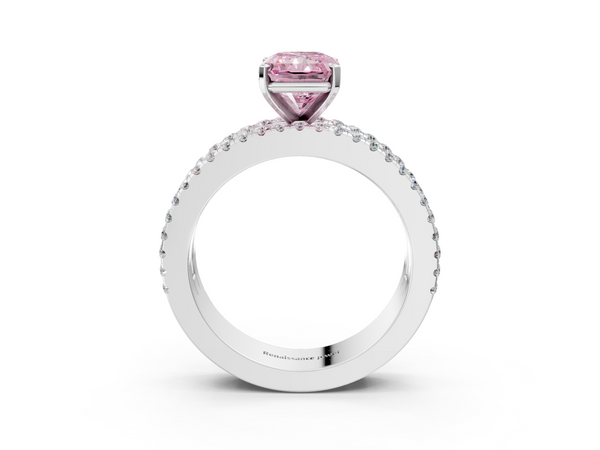 Platinum Fancy Pink Radiant Cut Diamond Solitaire Ring with Pavé and Channel Set Band