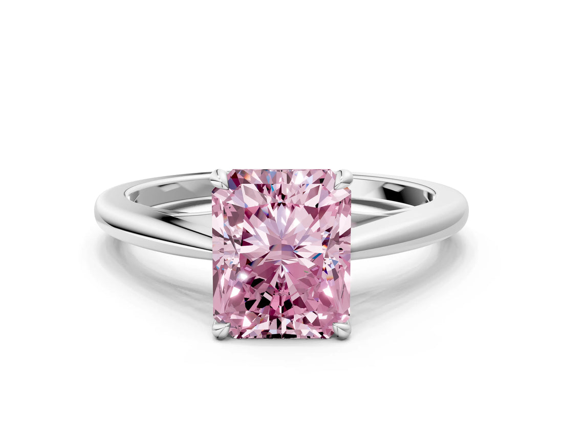 White gold Fancy Pink Radiant  Solitaire Engagement Ring with Four-Prong Setting and Classic Band