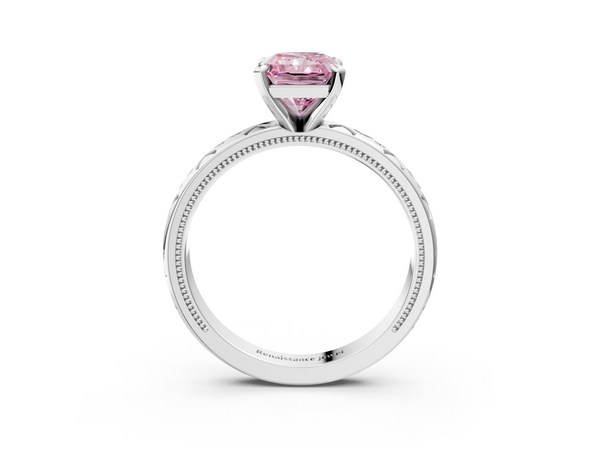 White gold Fancy Pink Radiant  Solitaire Engagement Ring with Scrollwork Band and Four-Prong Setting