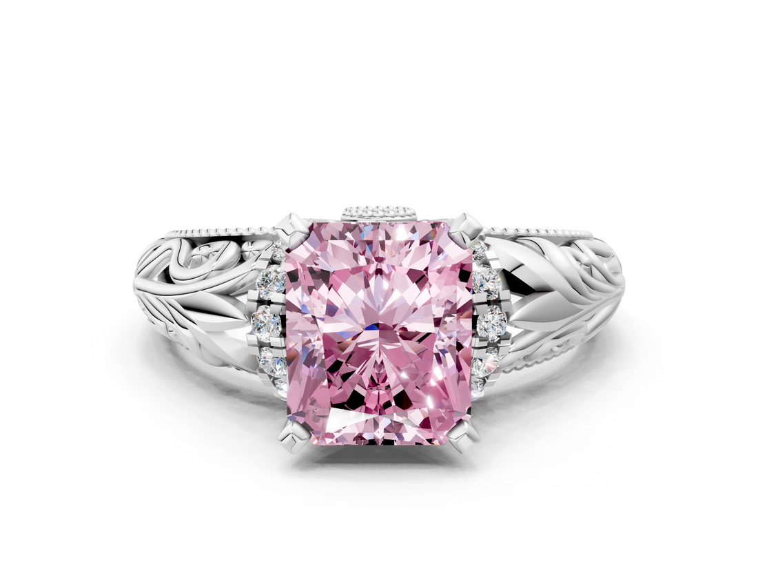 White gold Fancy Pink Radiant  Solitaire Filigree Engagement Ring with Halo and Prong Setting_61