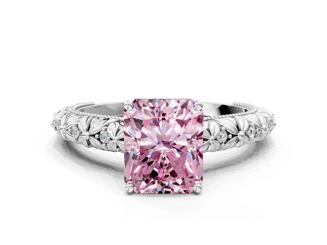 White gold Fancy Pink Radiant  Solitaire Floral Milgrain Engagement Ring_31