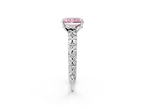White gold Fancy Pink Radiant  Solitaire Floral Milgrain Engagement Ring