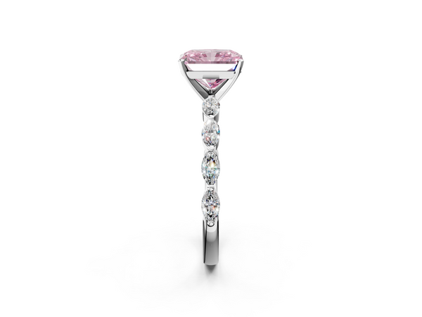 Platinum Fancy Pink Radiant Cut Diamond Ring with Marquise Side Stones and Prong Setting