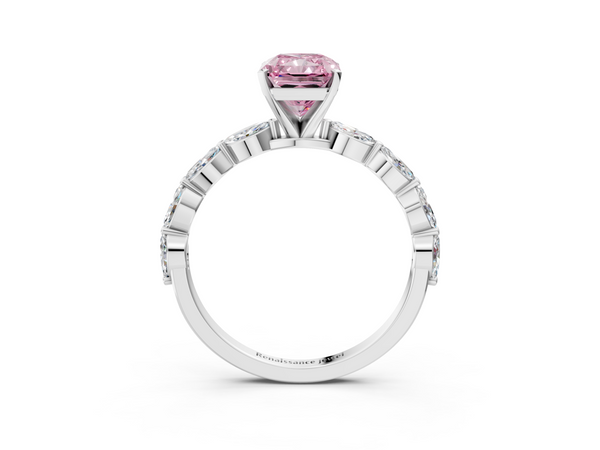 Platinum Fancy Pink Radiant Cut Diamond Ring with Marquise Side Stones and Prong Setting