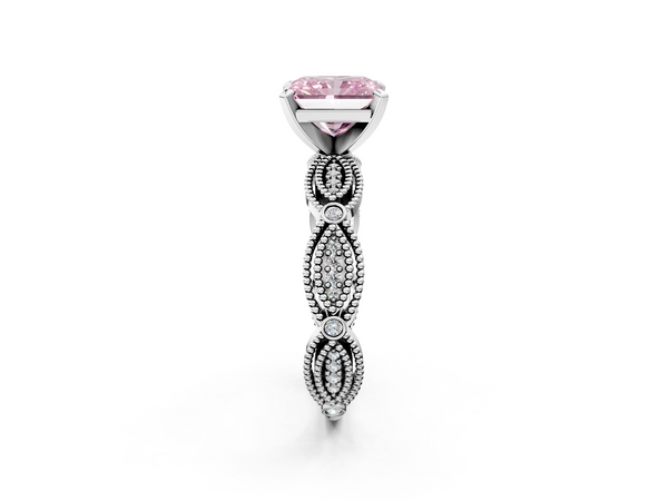 Platinum Fancy Pink Radiant  Solitaire Milgrain Diamond Engagement Ring with Bezel and Marquise Band