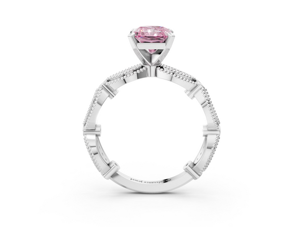 Platinum Fancy Pink Radiant  Solitaire Milgrain Diamond Engagement Ring with Bezel and Marquise Band
