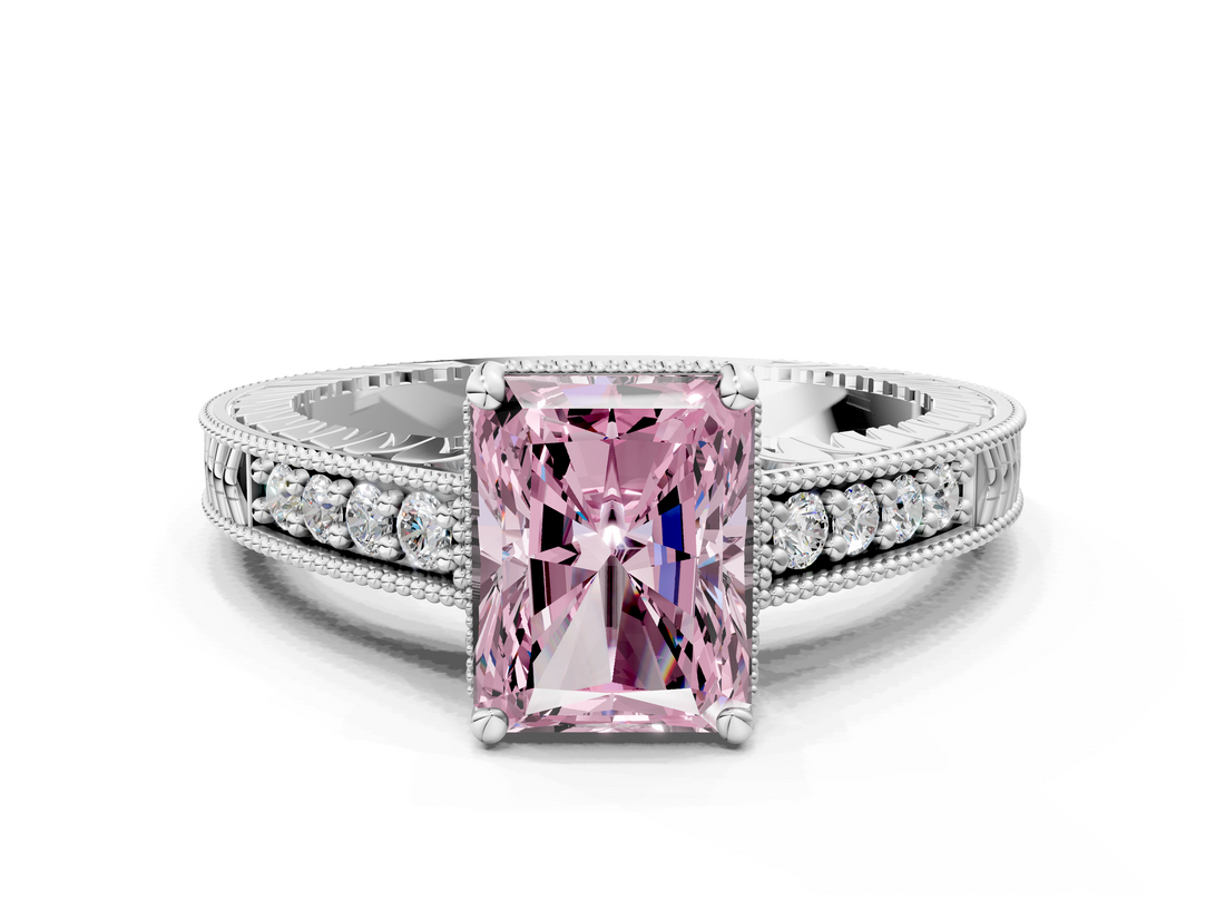 White gold Fancy Pink Radiant  Solitaire Pavé Diamond Milgrain Engagement Ring with Four-Prong Setting_3