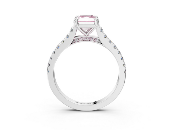 Platinum Fancy Pink Radiant  Solitaire Pave Diamond Engagement Ring with Prong Setting