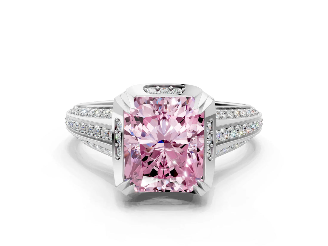 White gold Fancy Pink Radiant  Solitaire Pave Split Shank Ring with Four-Prong Setting_123