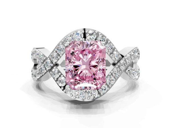Platinum Fancy Pink Radiant  Solitaire Twist Band Pavé Diamond Engagement Ring