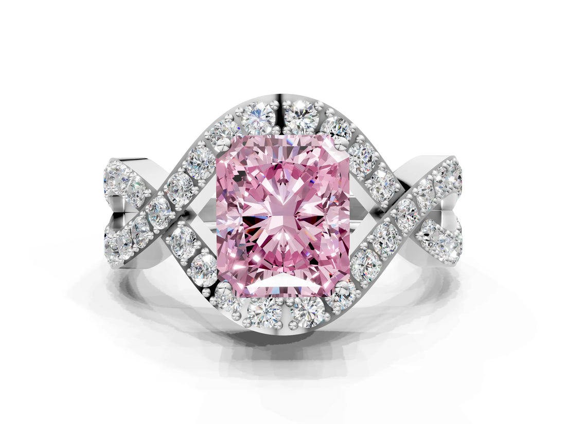 White gold Fancy Pink Radiant  Solitaire Twist Band Pavé Diamond Engagement Ring_32