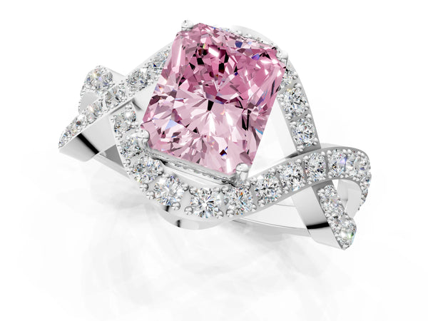 Platinum Fancy Pink Radiant  Solitaire Twist Band Pavé Diamond Engagement Ring