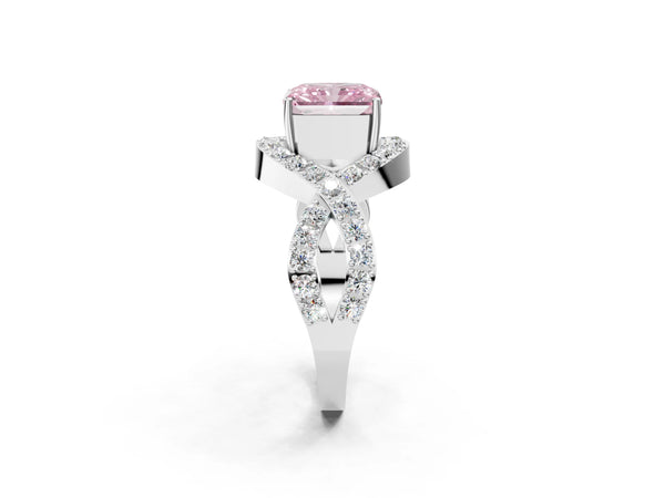 Platinum Fancy Pink Radiant  Solitaire Twist Band Pavé Diamond Engagement Ring