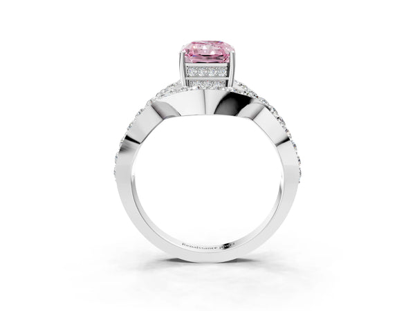 Platinum Fancy Pink Radiant  Solitaire Twist Band Pavé Diamond Engagement Ring