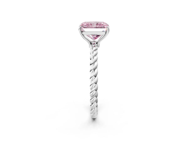 Platinum Fancy Pink Radiant  Solitaire Twist Band Ring with Four-Prong Setting