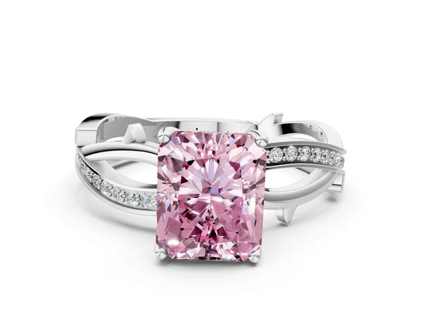 White gold Fancy Pink Radiant  Solitaire Twist Band with Pavé Accents and Four-Prong Setting