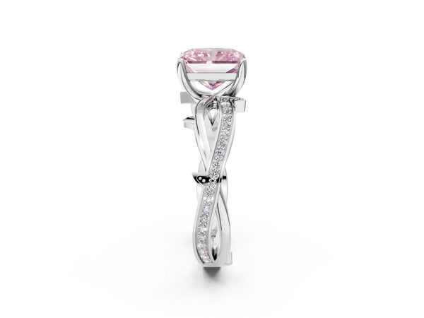 White gold Fancy Pink Radiant  Solitaire Twist Band with Pavé Accents and Four-Prong Setting