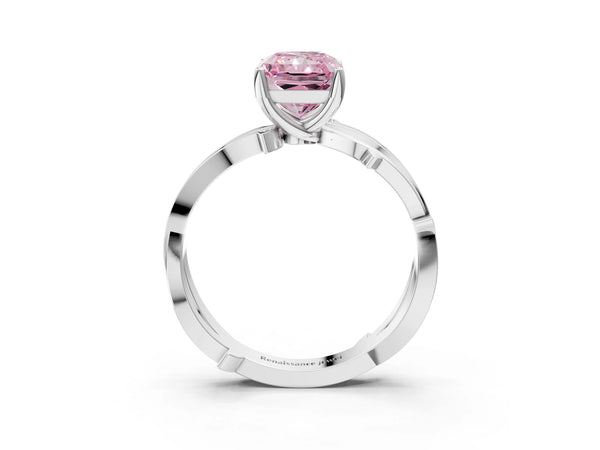 White gold Fancy Pink Radiant  Solitaire Twist Band with Pavé Accents and Four-Prong Setting