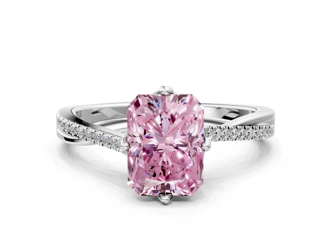 White gold Fancy Pink Radiant  Solitaire Twist Band with Pavé Diamonds and Four-Prong Setting_65