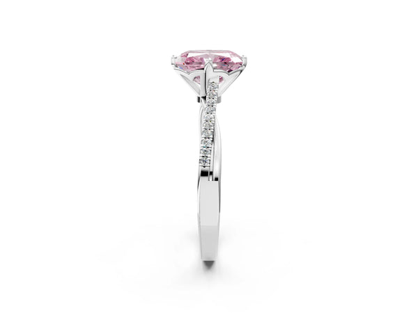 Platinum Fancy Pink Radiant  Solitaire Twist Band with Pavé Diamonds and Four-Prong Setting