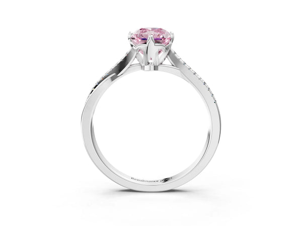 Platinum Fancy Pink Radiant  Solitaire Twist Band with Pavé Diamonds and Four-Prong Setting