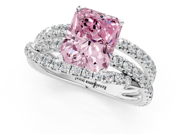 Platinum Fancy Pink Radiant  Solitaire Twist Band with Pavé Setting and Four-Prong Setting