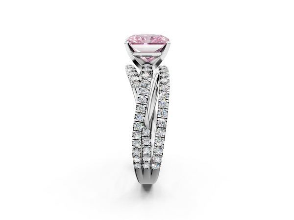 Platinum Fancy Pink Radiant  Solitaire Twist Band with Pavé Setting and Four-Prong Setting