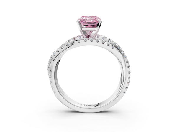 Platinum Fancy Pink Radiant  Solitaire Twist Band with Pavé Setting and Four-Prong Setting
