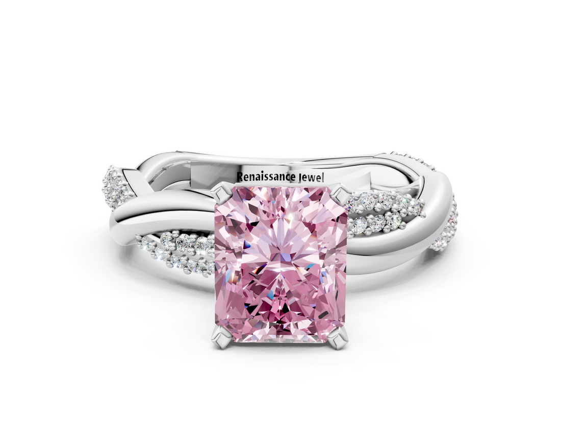 White gold Fancy Pink Radiant  Solitaire Twist Band with Pave Prong Setting_53