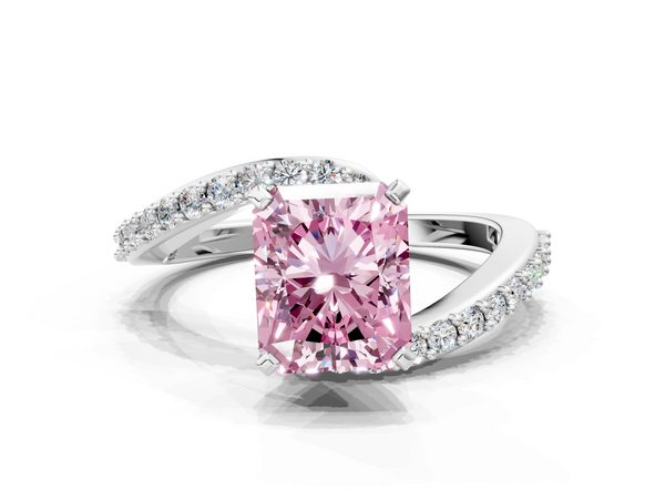 Platinum Fancy Pink Radiant  Solitaire Twist Band with Pave Set Diamonds and Four-Prong Setting