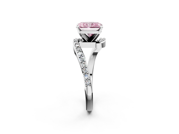 Platinum Fancy Pink Radiant  Solitaire Twist Band with Pave Set Diamonds and Four-Prong Setting