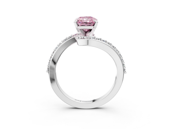 Platinum Fancy Pink Radiant  Solitaire Twist Band with Pave Set Diamonds and Four-Prong Setting