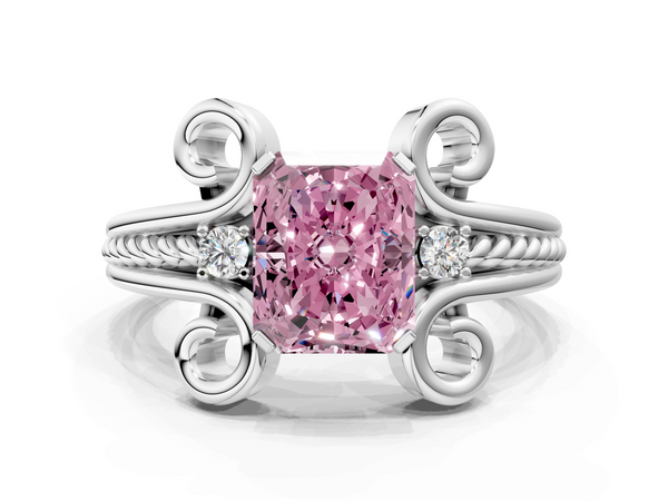 White gold Fancy Pink Radiant  Solitaire Twisted Band Scroll Prong Ring