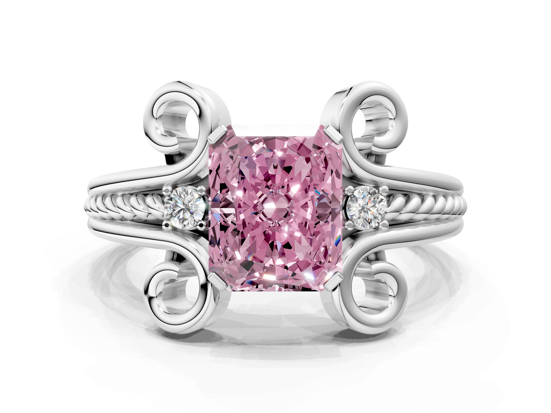 White gold Fancy Pink Radiant  Solitaire Twisted Band Scroll Prong Ring_3