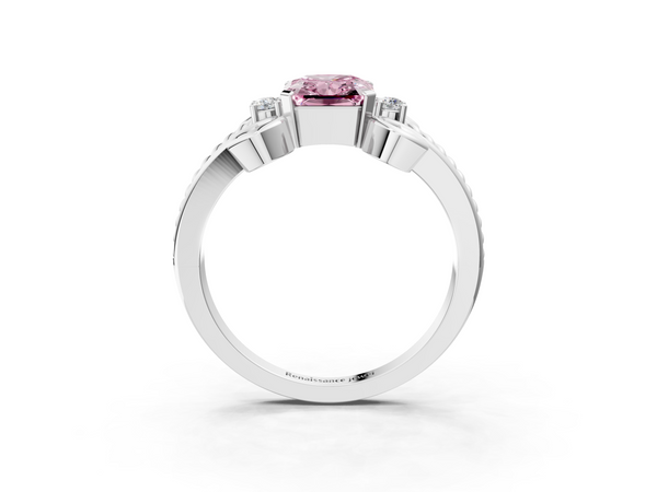 White gold Fancy Pink Radiant  Solitaire Twisted Band Scroll Prong Ring