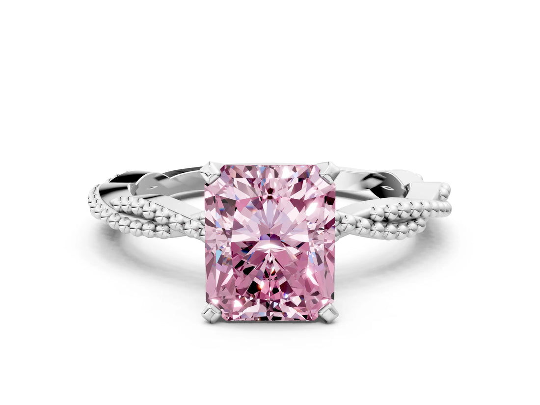 White gold Fancy Pink Radiant  Solitaire Twisted Band with Bead Prong Setting_408