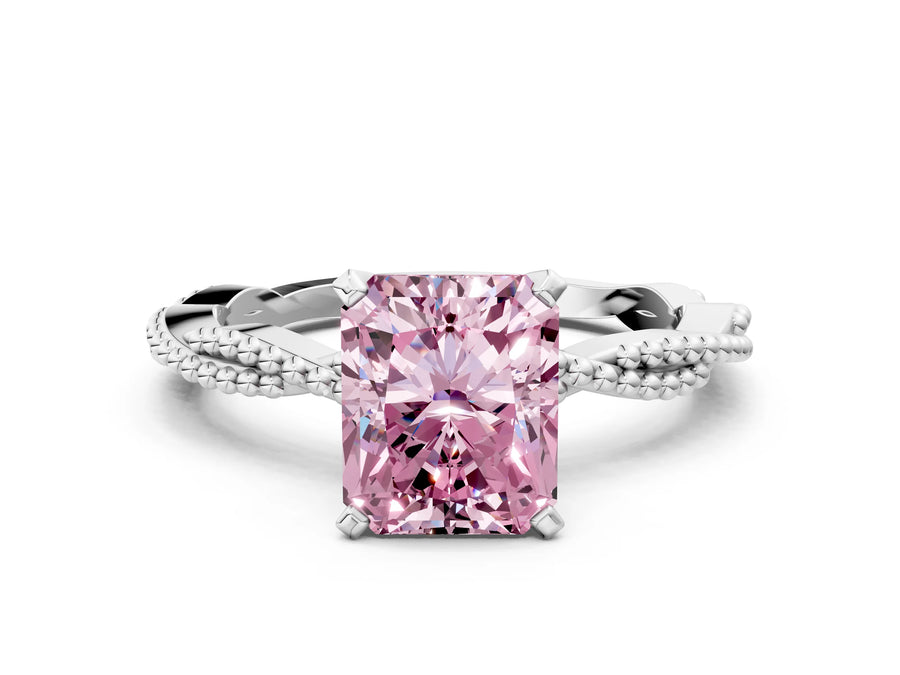 White gold Fancy Pink Radiant  Solitaire Twisted Band with Bead Prong Setting