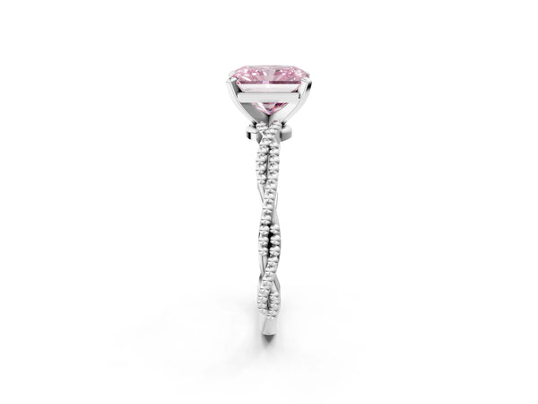 White gold Fancy Pink Radiant  Solitaire Twisted Band with Bead Prong Setting