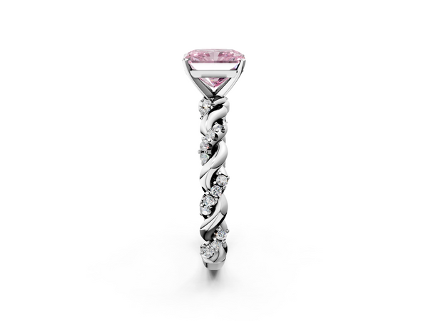 Platinum Fancy Pink Radiant Cut Diamond Solitaire Ring with Twisted Band and Pavé Accents