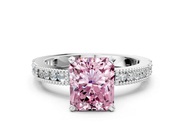 Platinum Fancy Pink Radiant  Solitaire with Pavé Band and Four-Prong Setting