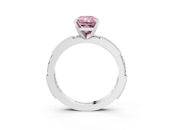 Platinum Fancy Pink Radiant  Solitaire with Pavé Band and Four-Prong Setting
