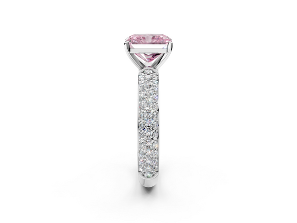 Platinum Fancy Pink Radiant  Diamond Solitaire Ring with Prong Setting and Pavé Band
