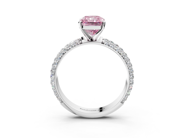 Platinum Fancy Pink Radiant  Diamond Solitaire Ring with Prong Setting and Pavé Band
