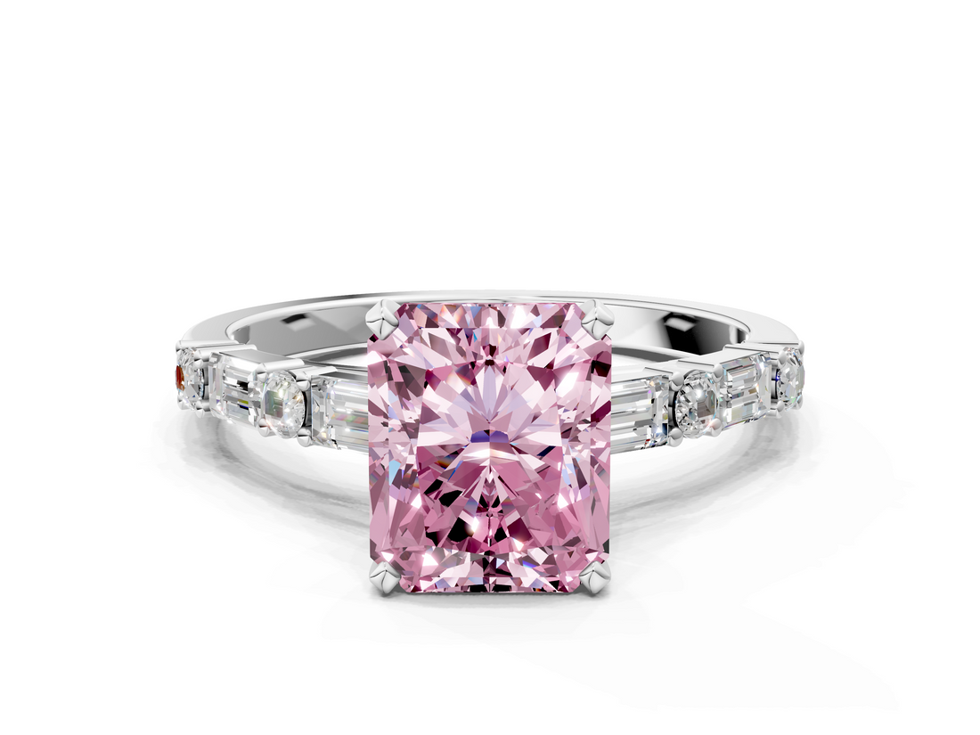 White gold Fancy Pink Radiant  Solitaire with Side Baguettes and Channel Set Band_58
