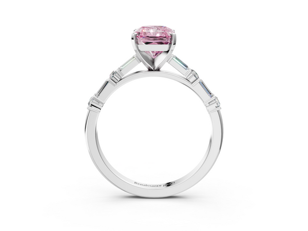 Platinum Fancy Pink Radiant Cut Diamond Solitaire with Side Baguettes and Channel Set Band
