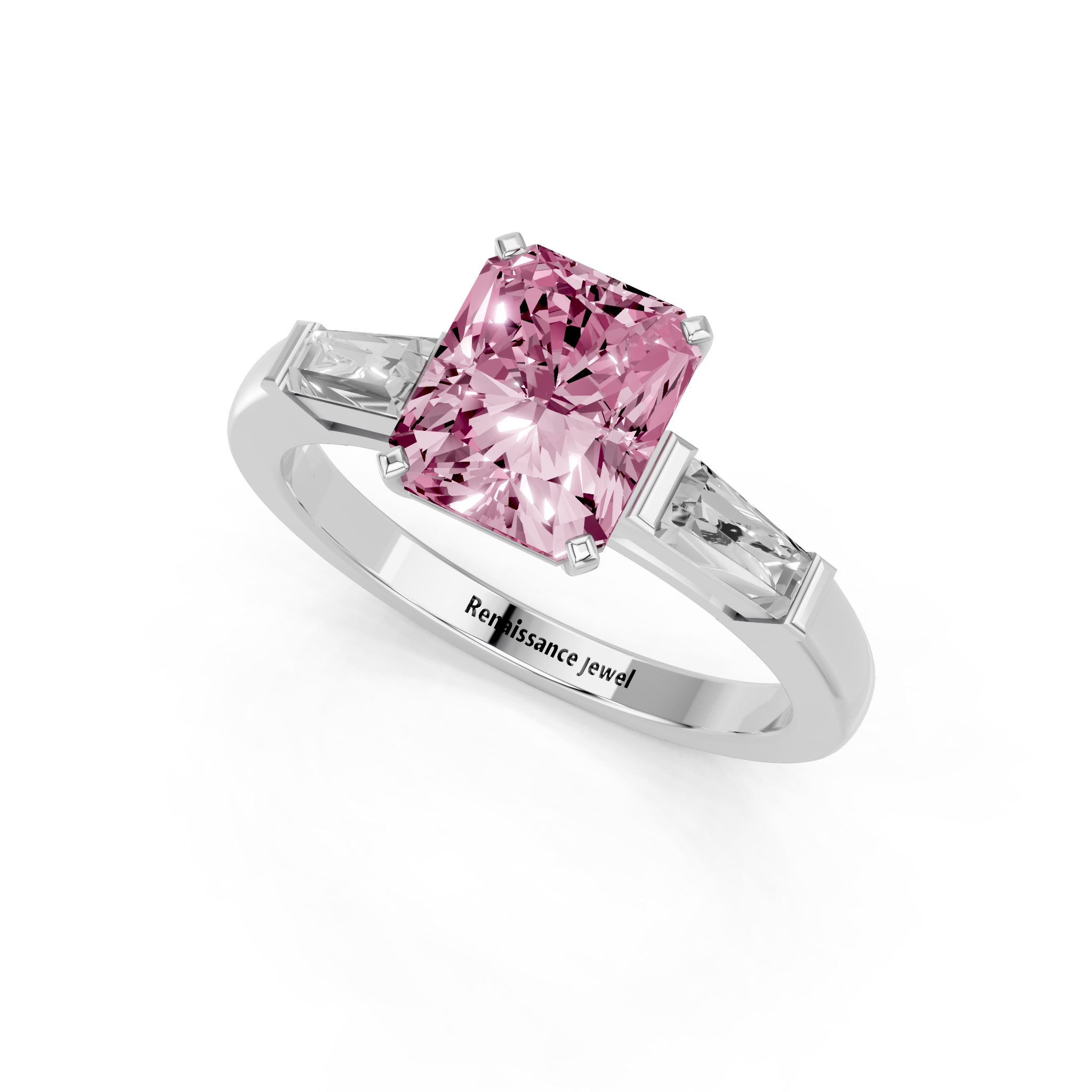 White gold Fancy Pink Radiant  Solitaire with Tapered Baguette Side Stones on a Classic Band with Four-Prong Setting