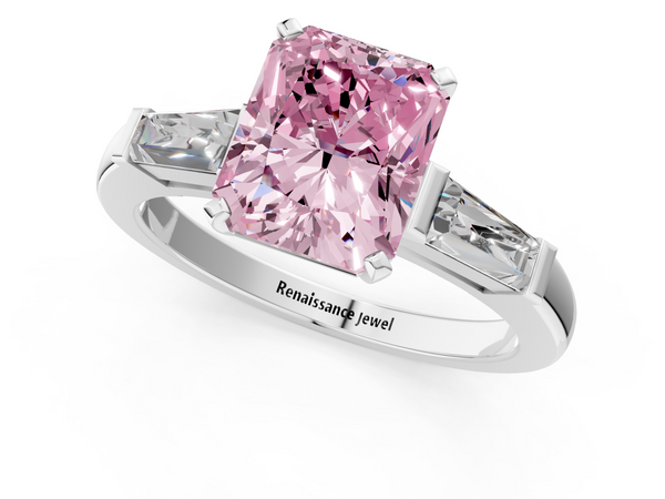 Platinum Fancy Pink Radiant  Solitaire with Tapered Baguette Side Stones on a Classic Band with Four-Prong Setting
